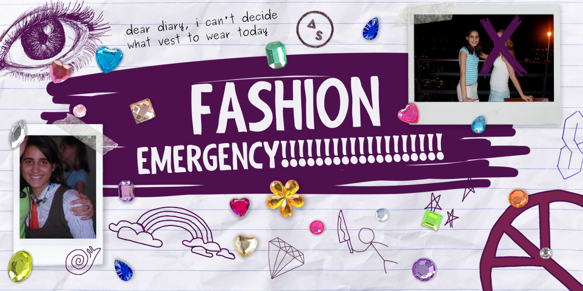 Notebook paper with hand drawn doodles on it and gem stickers and the words FASHION EMERGENCY!!!! And 