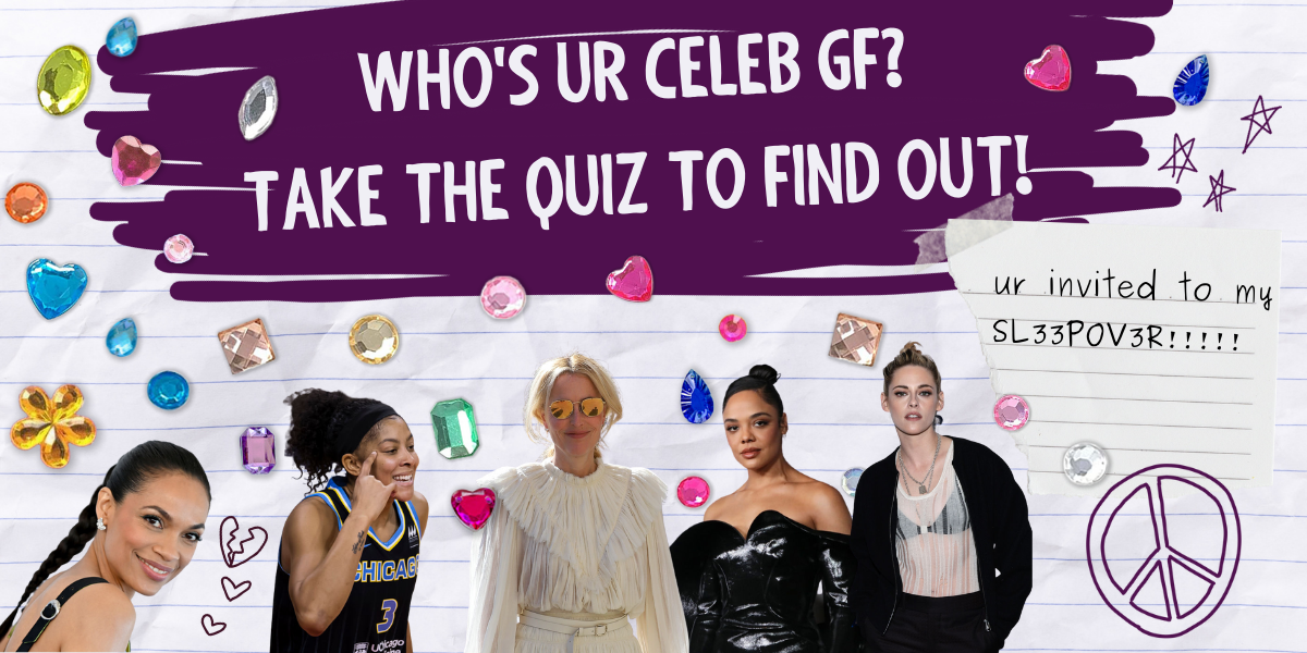 Who's UR Celeb GF? Take the quiz to find out! Rosario Dawson, Candace Parker, Gillian Anderson, Tessa Thompson, and Kristen Stewart are against a notebook paper background. A handwritten note says 