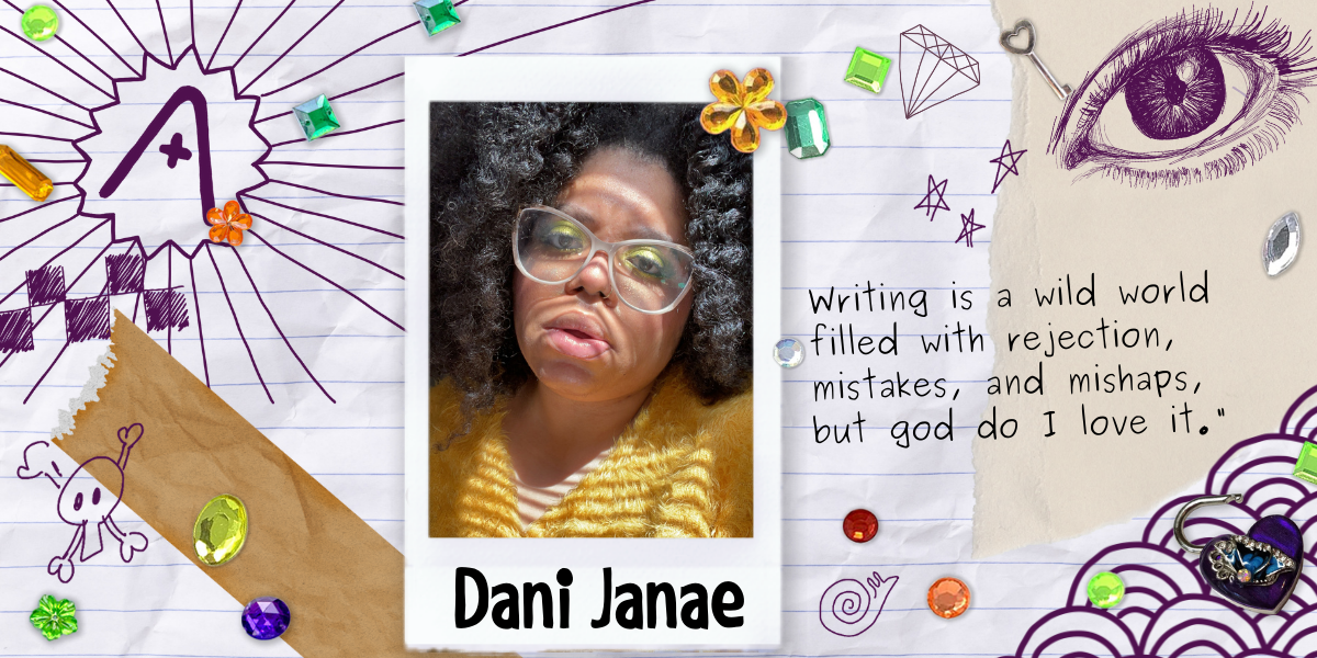 Dani Janae, a Black woman wearing large clear glasses, lipstick, sparkling eyeshadow, a fuzzy yellow sweater and her hair in black curls, regards the viewer in a polaroid frame. The polaroid is set on top of a background of doodles, some of which are the words 