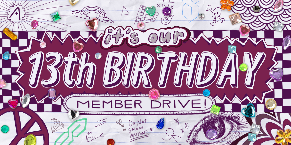 This image looks like a page out of a 13 year old's notebook, covered in doodles and little drawings of stick figures and skulls. There is a detailed image of an eye and gem stickers placed all over it. In large bubble letters it reads, 