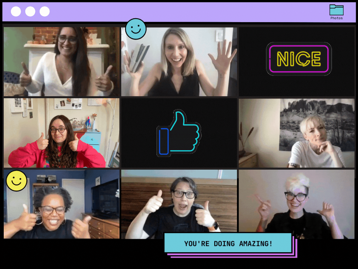A collage of the senior team members over a computer window-style background. Everyone except Laneia, who is wearing a kind of concerned yet aloof expression, is giving two thumbs up (except Nicole who is giving finger guns and Riese who is inexplicably just waving her hands and holding a stapler). There are two graphics, one of a hand giving a thumbs up in neon, and one of a sign in neon that just says "nice". They both flicker a little. Everyone except Laneia is smiling.