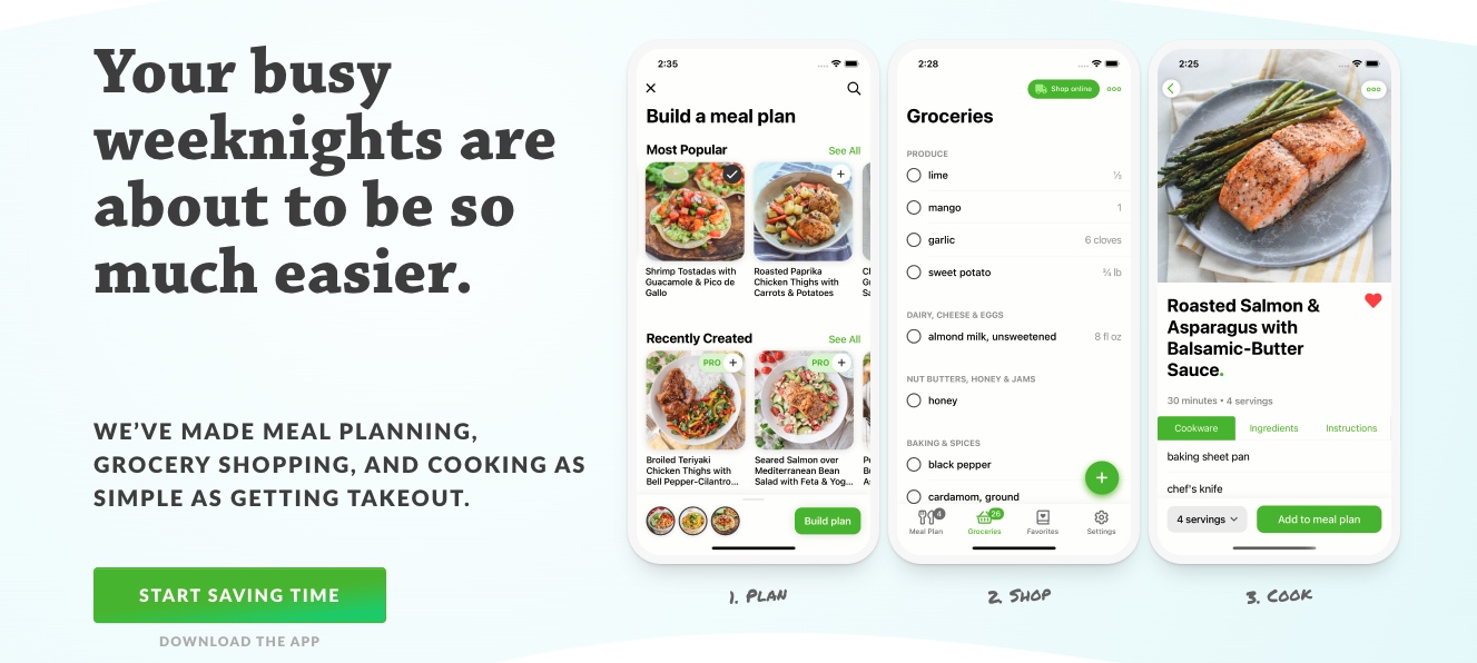 Mealtime App Illustration of process; 1. plan, 2. shop, 3. cook