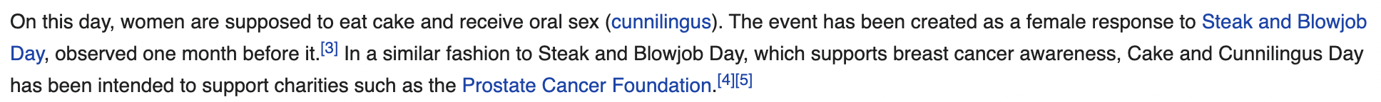 A screenshot. "On this day, women are supposed to eat cake and receive oral sex (cunnilingus). The event has been created as a female response to Steak and Blowjob Day, observed one month before it. In a similar fashion to Steak and Blowjob Day, which supports breast cancer awareness, Cake and Cunnilingus Day has been intended to support charities such as the Prostate Cancer Foundation.