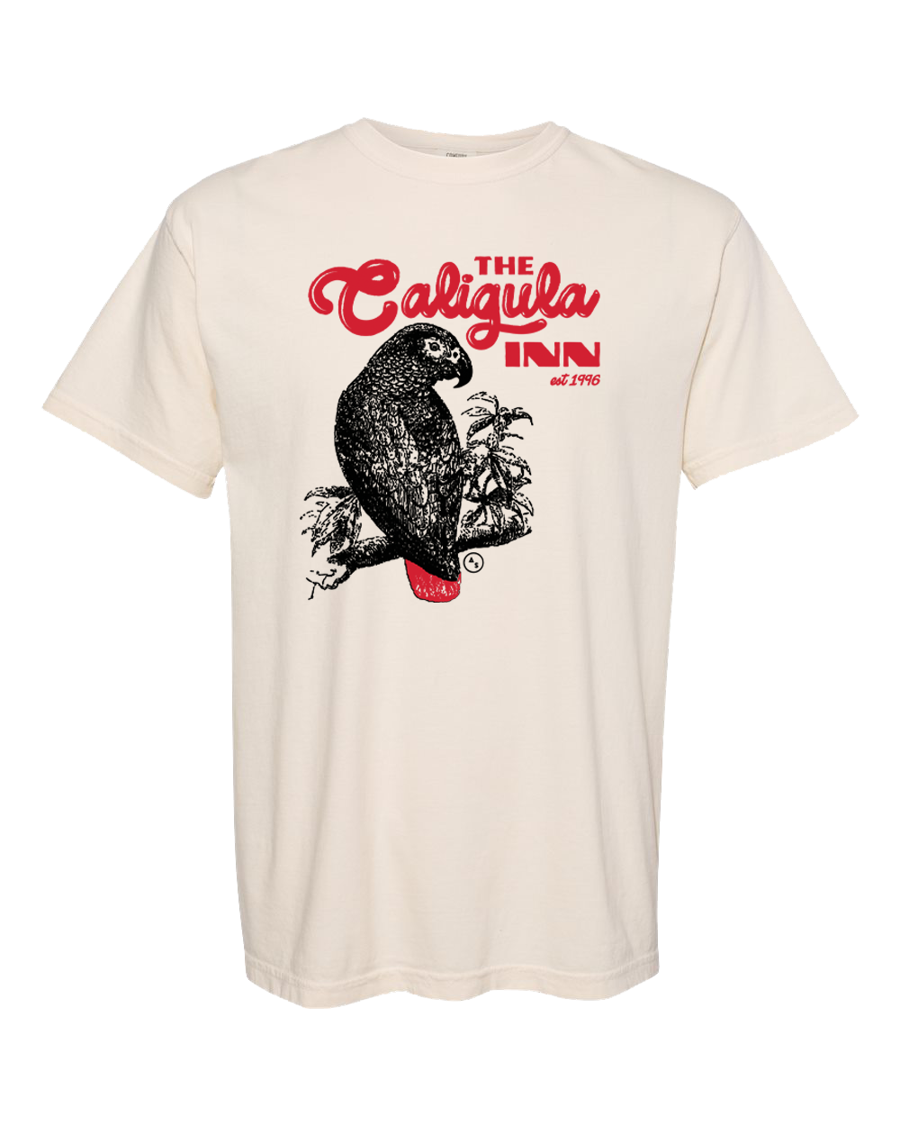 A cream colored tee shirt. On it is an illustration of an African Grey parrot with a blood red tail. Text above reads "The Caligula Inn est. 1996"