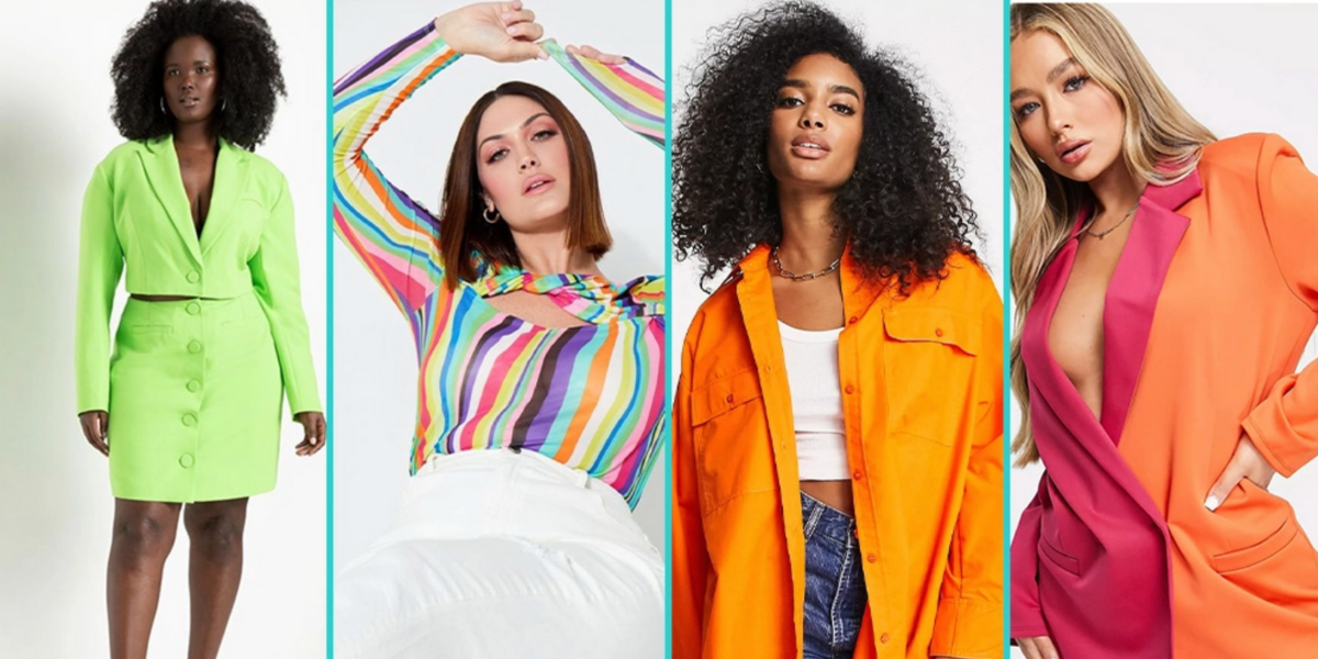 Photo 1: A lime green blazer dress. Photo 2: A colorful striped mesh shirt. Photo 3: An oversized orange buttondown. Photo 4: A pink and orange oversized blazer