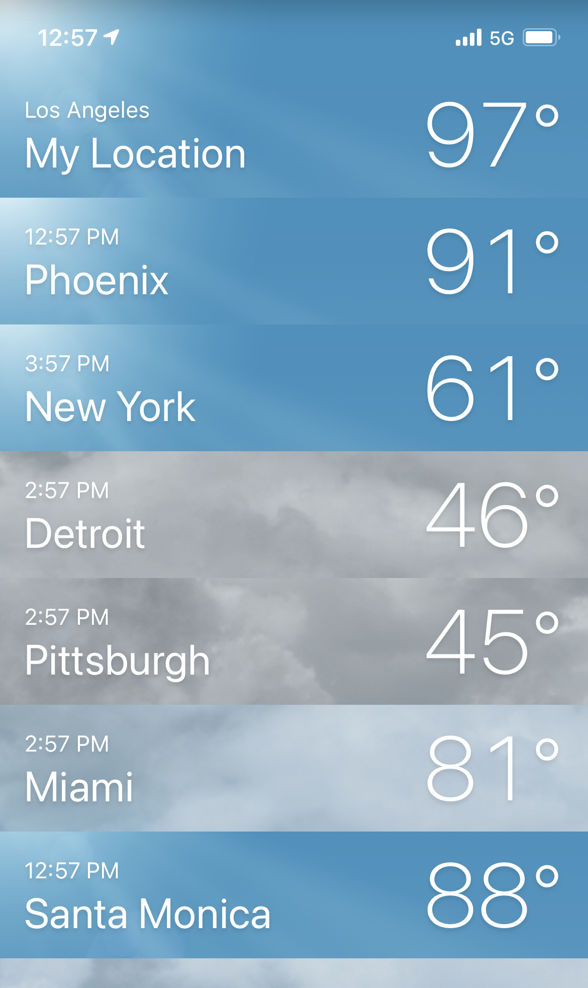 The weather app displaying the temperatures in Los Angeles, Phoenix, New York, Detroit, Pittsburgh, Miami, Santa Monica