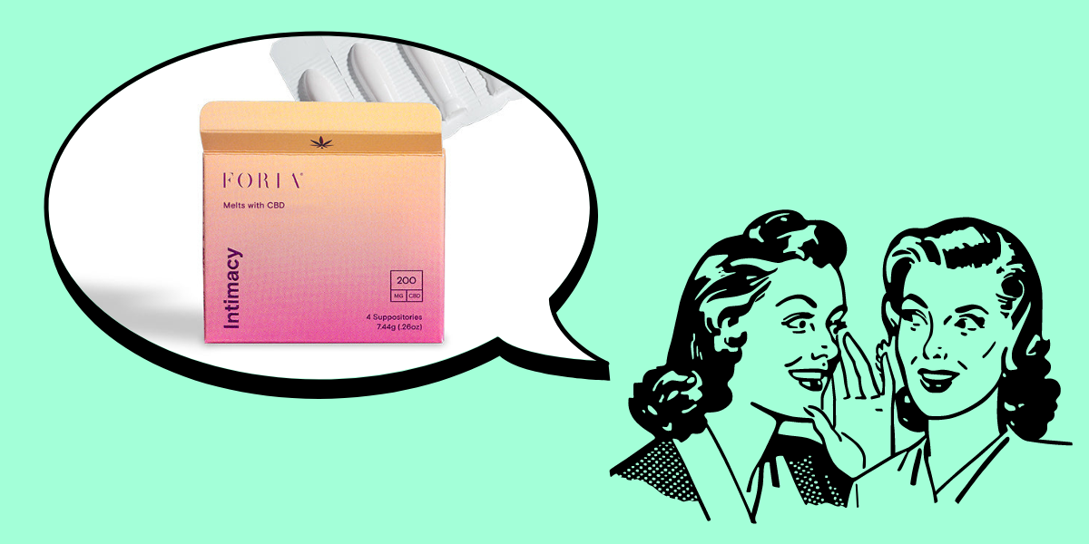 In the bottom right corner of the image, there is a black line drawing of two women with 1950s hairstyles whispering to each other against a blue background. In the upper left corner, there is a speech bubble. Inside the speech bubble, there is an image of a pink and orange square-shaped box that reads: 