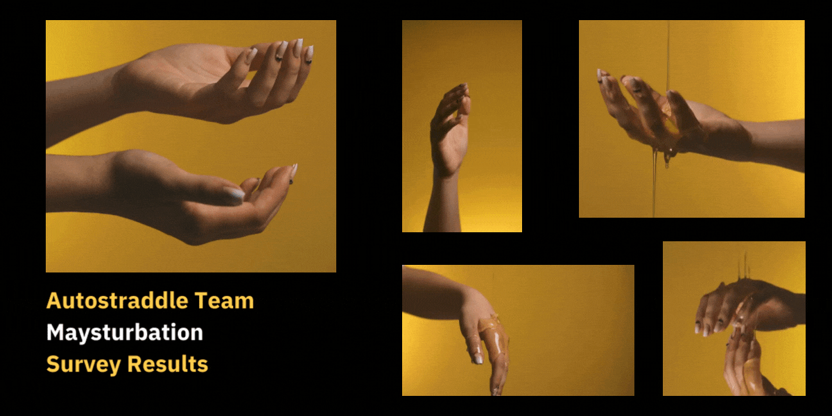 A moving GIF with five panels depicting honey being poured onto a woman's hands in various iterations. Text reads: Autostraddle Team Maysturbatio Survey Results