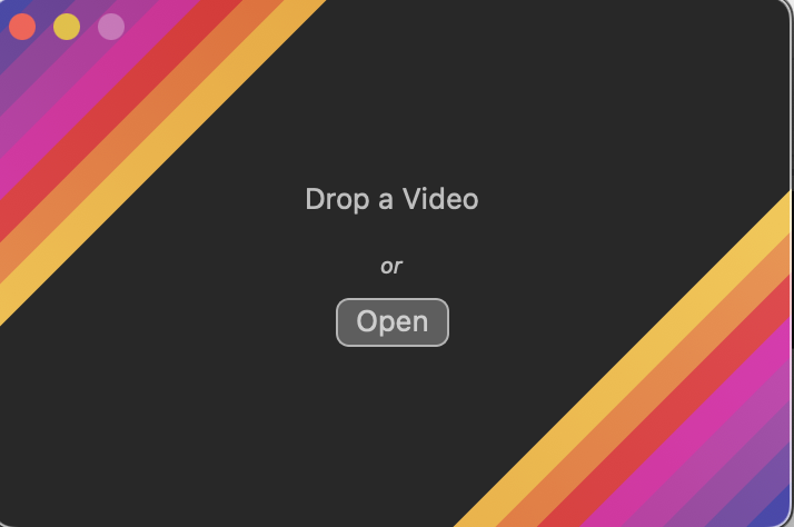 Screenshot of the Gifski app. Against a black background with purple, pink and orange stripes in the corners, text reads: "Drop a video or Open, and Open."