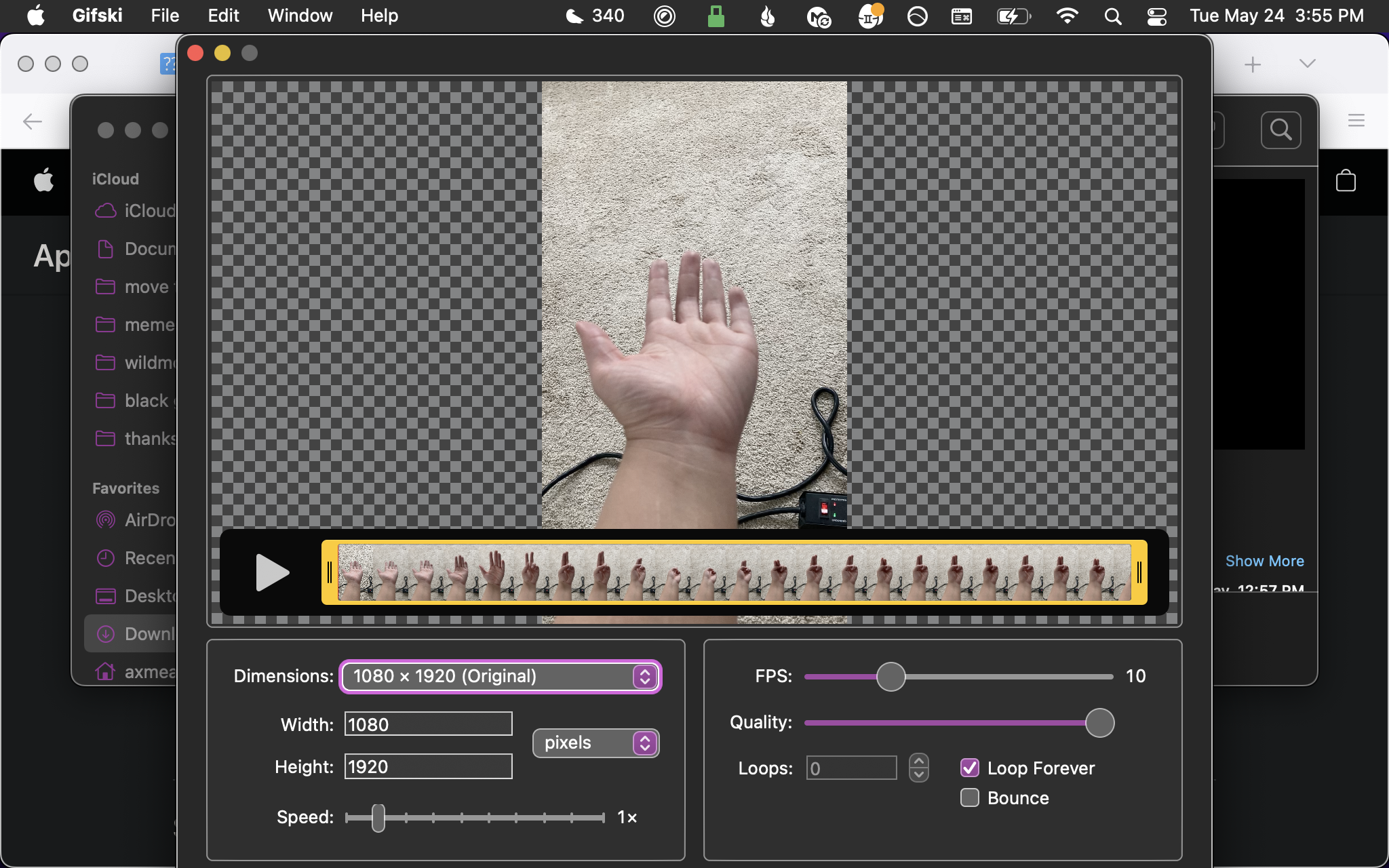 Screenshot of the Gifski app with a.tony's video of their hand opened. Below the video, the app shows all the frames of the video.