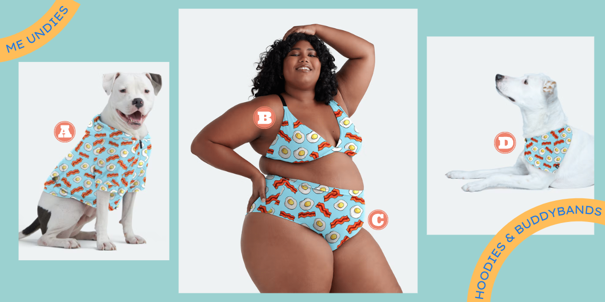 A collage. Photo A is a white dog with brown spots wearing a hoodie printed with eggs and bacon. Photo B is a Black model with shoulder-length curly hair wearing high-waisted briefs and a bralette in the same print. Photo C is a different white dog wearing a bandana in the print.