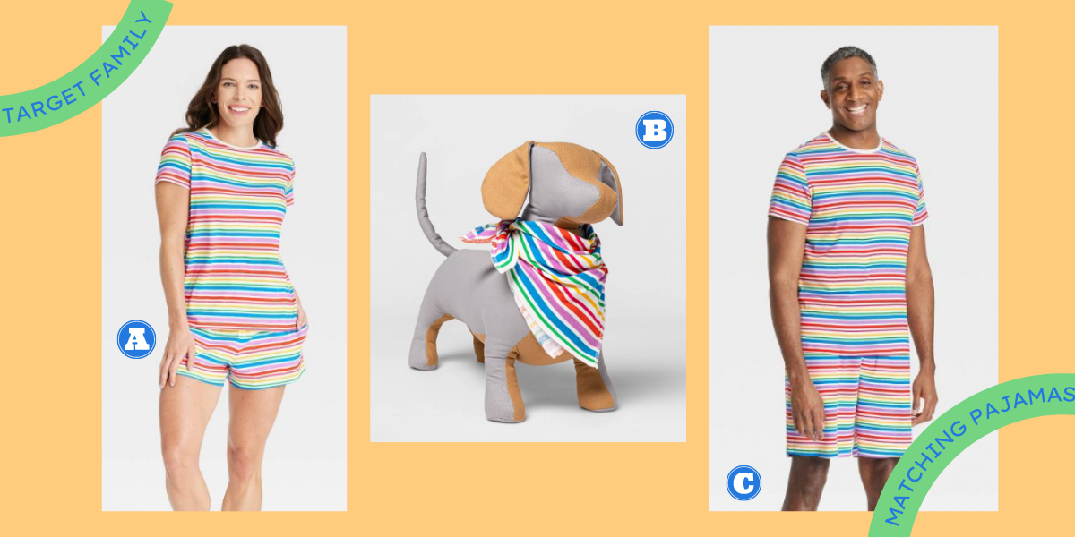 A collage of various products in a cheerful rainbow stripe print. Photo A is a white model with brown hair wearing pajamas that are in the cut of shorts and a t-shirt. Photo B is a stuffed dog wearing a bandana. Photo C is a Black model with greying hair wearing the men’s version of the pajamas.