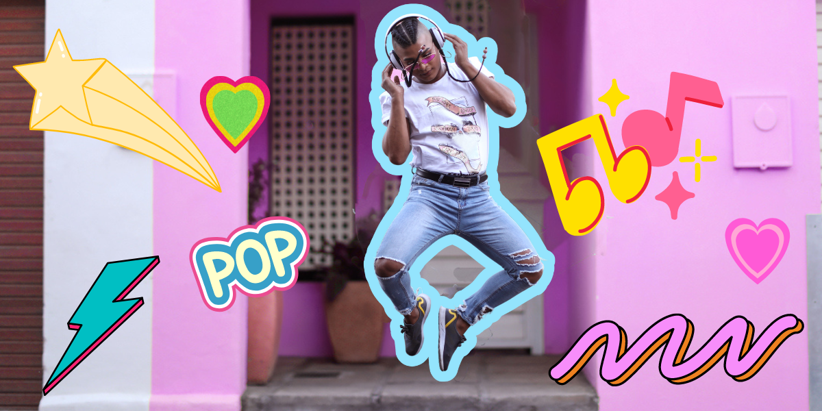 A black queer trans person in tight blue jeans, a white t shirt, and long braids listens to music in front of a pink house, around them are exaggerated 90s and 00s emojis in bright colors: a shooting star, a lightening bolt, the word 