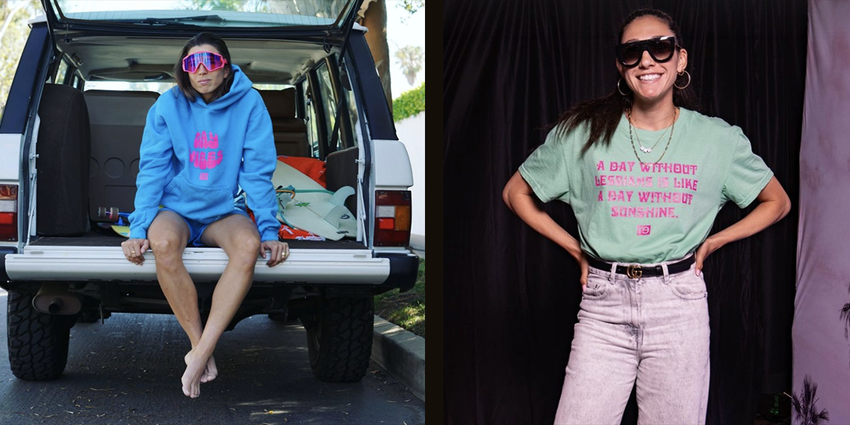 Christen Press and Tobin Heath wearing shirts that say "GAY VIBES" and "a day without lesbians is like a day without sunshine"