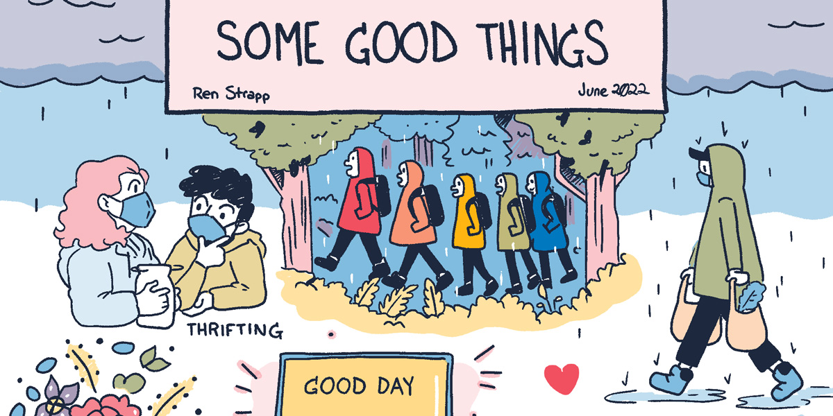 A portrait hand drawing of a list of things that make Reine happy, all in colors of purple, blue, yellow, green, and pale pink. The title reads 