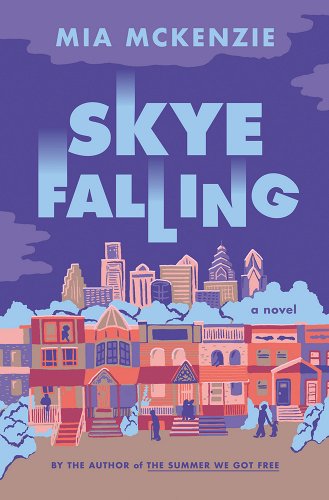 colorful cityscape in oranges and blues against a purple background with the title skye falling in light blue and as if the letters are falling over top of the scene