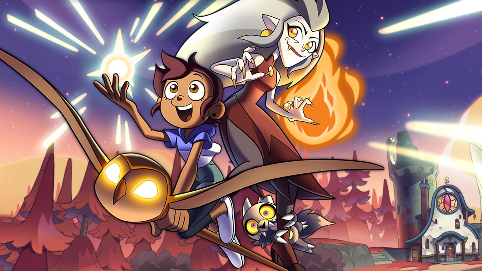 picture of a young latine girl looking excitedly at a ball of light in her hand while riding a broom, an older witch is riding the broom like a skateboard, and a racoon-cat type animal hangs on to the older witch's leg looking towards the audience in shock