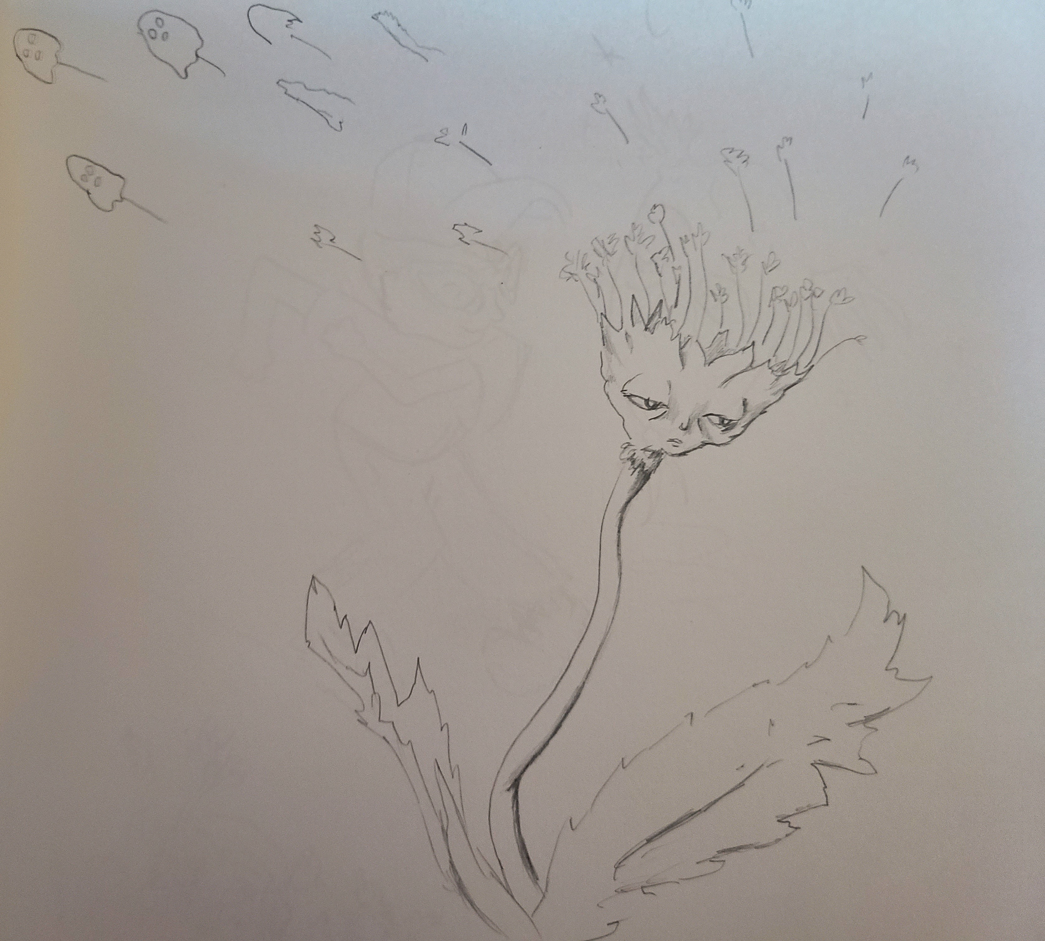a sketch of a cartoon dandelion, looking tired. it leans to the side, eyes growing tired and listless, as the fluffy seeds disperse into the air. as they waft away, the seeds become ghosts.