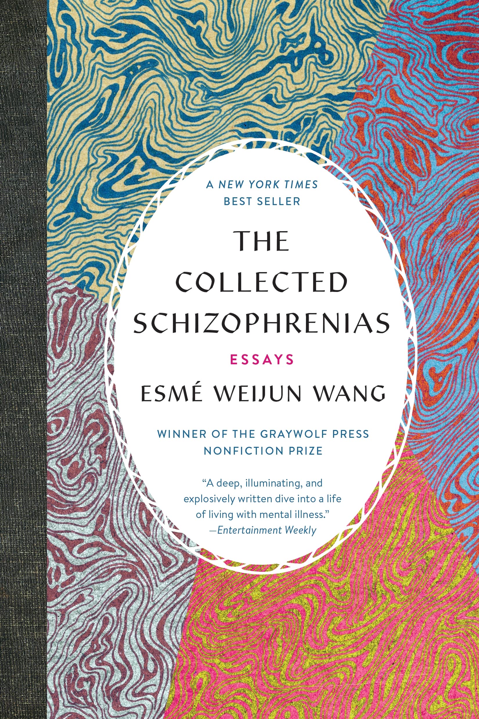 Book cover of The Collected Schizophrenias: Essays by Esmé Weijun Wang (which is styled like a composition notebook cover with swirly patterns, clockwise: of green and blue, blue and red, red and yellow, and burgundy and teal)