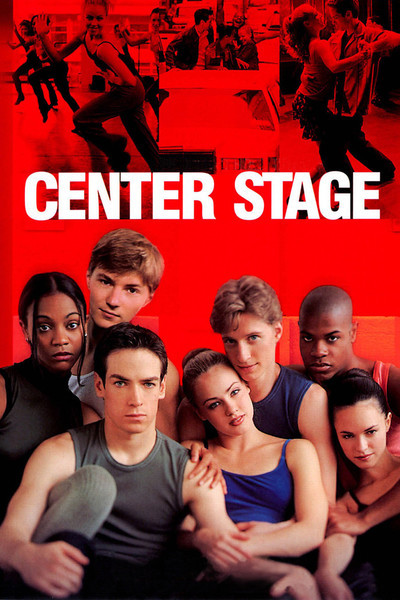 the cover of center stage featuring what looks like a bunch of theater kids cuddling but also, in red, above, dancing around and stuff