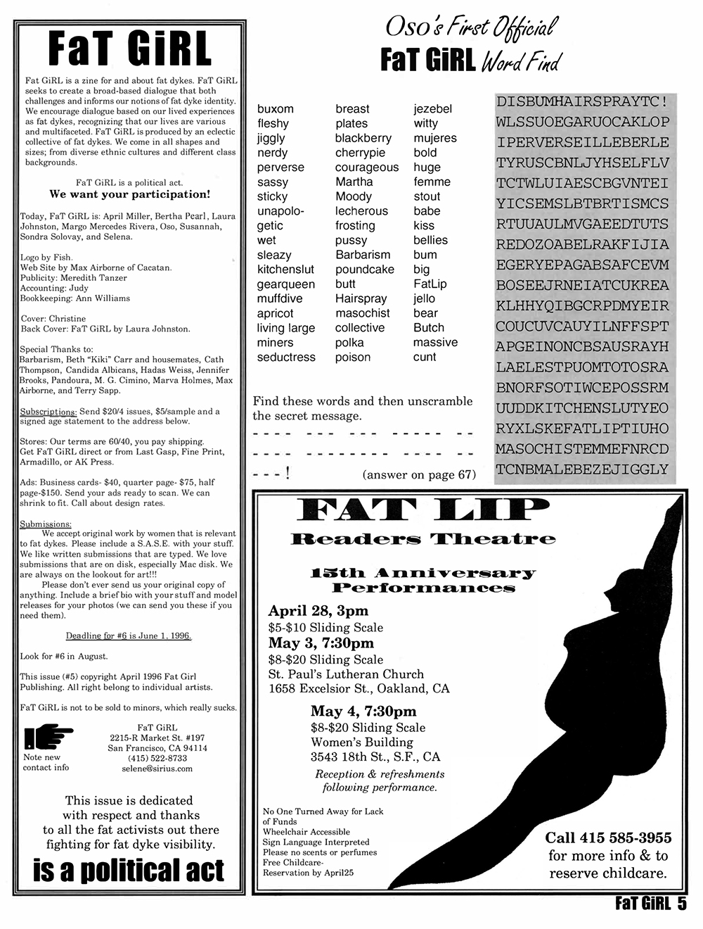 a page from FaT GiRL zine featuring various articles