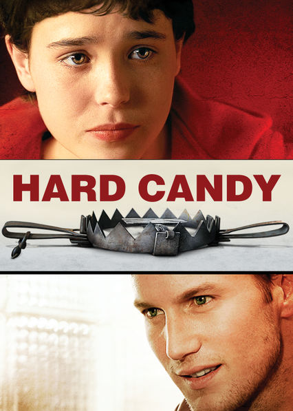 the cover of hard candy featuring elliot page at the top, a bear trap in the middle and some guy on the bottom looking predatory