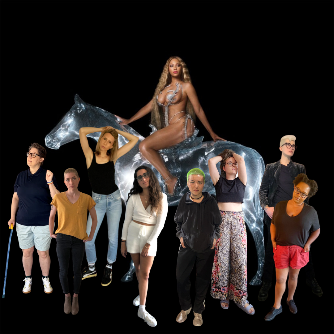 the team - Heather, Laneia, Riese, Kayla, Viv, Anya, Carmen, and Nicole stand in front of the newly iconic image of beyonce on her glass / electric horse. They're all clearly cut out from different photo shoots but it works. Everyone is looking very serious.