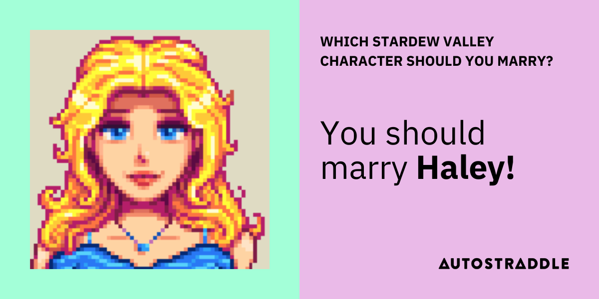 Haley in Stardew Valley has long blonde hair and blue eyes and wears a necklace with a blue dress. Quiz result: You should marry Haley!
