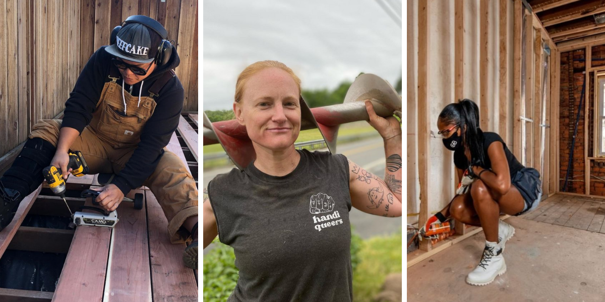 Photo 1: A person wears brown coveralls and a hat that says Beefcake while holding a drill. Photo 2: A person wearing a tank that says 