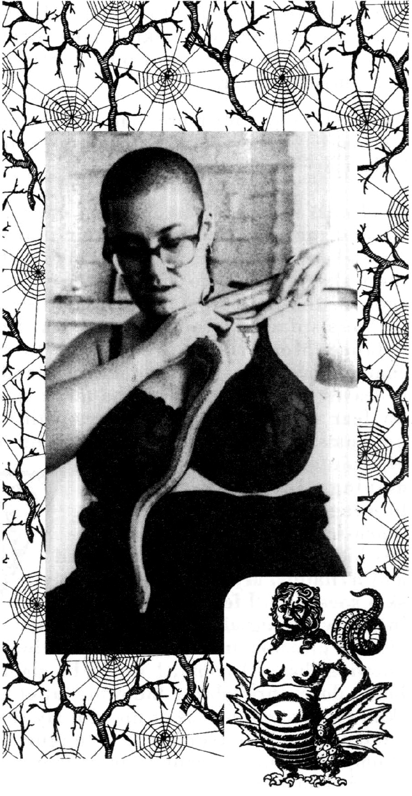 an image from FaT GiRL zine of a fat person with a shaved head handling a snake