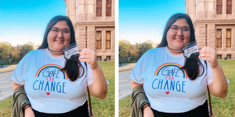 A photo of Olivia Julianna, repeated one after another. Olivia Julianna is a plus sized Chicana teen with long hair and glasses. She's smiling outside in front of a building, in a shirt that says 