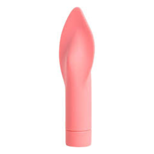 A light pink vibrator with a cylindrical handle and a pointed, tongue-shaped vibrating end is against a white background.
