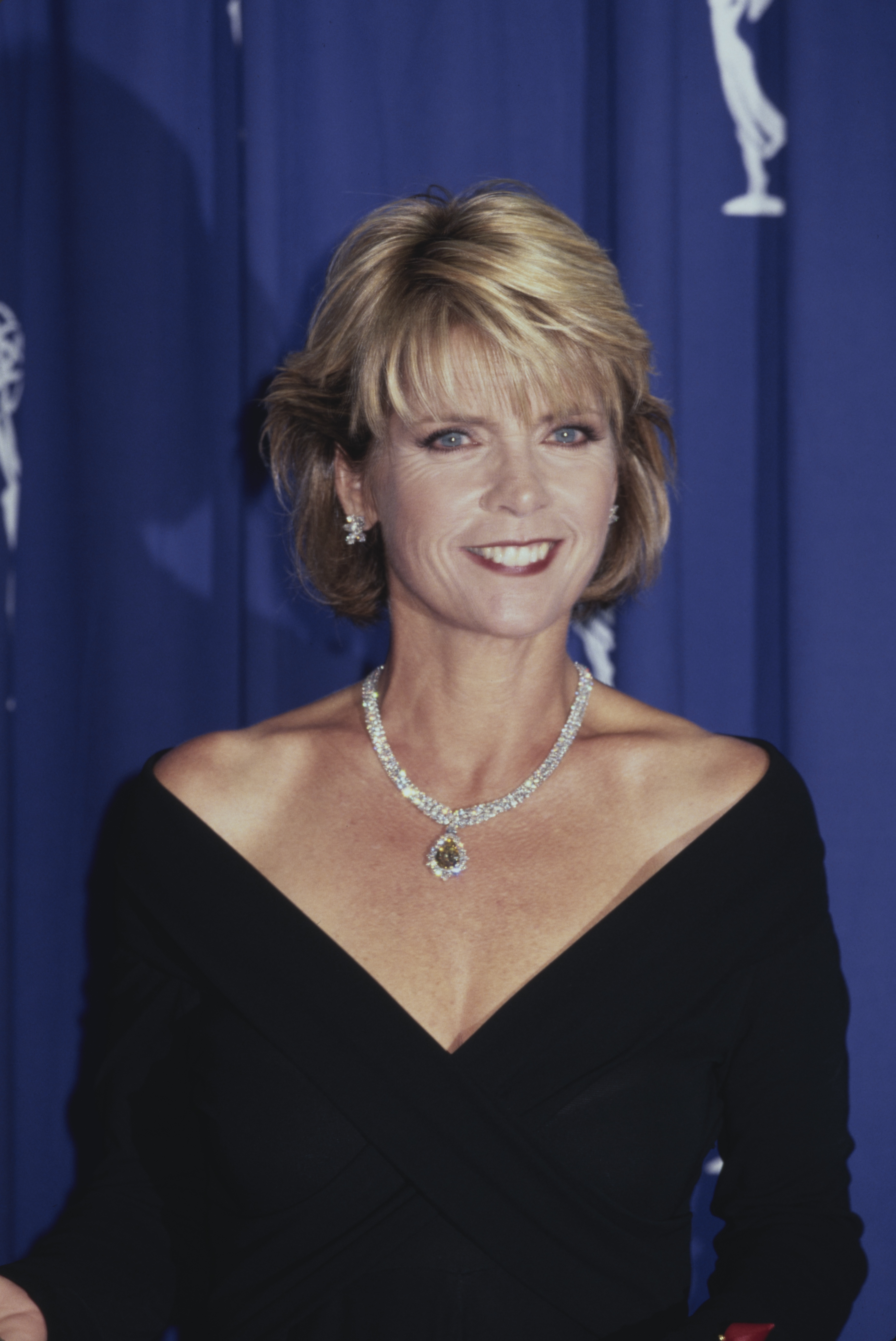 American actress Meredith Baxter, wearing a black outfit with a portrait neckline, with a diamond necklace, attends the 46th Annual Primetime Emmy Awards, held at the Pasadena Civic Auditorium in Pasadena, California, 11th September 1994. (Photo by Vinnie Zuffante/Michael Ochs Archives/Getty Images)