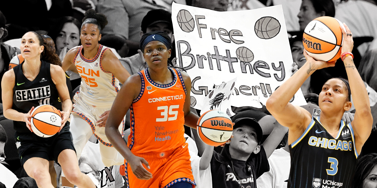 A black and white background image of children at a Phoenix Mercury game holding up a sign that says 