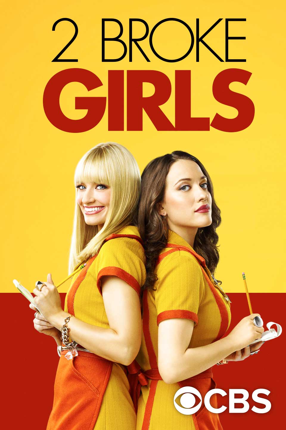 the image for 2 broke girls shows two white women back to back wearing waittress uniforms