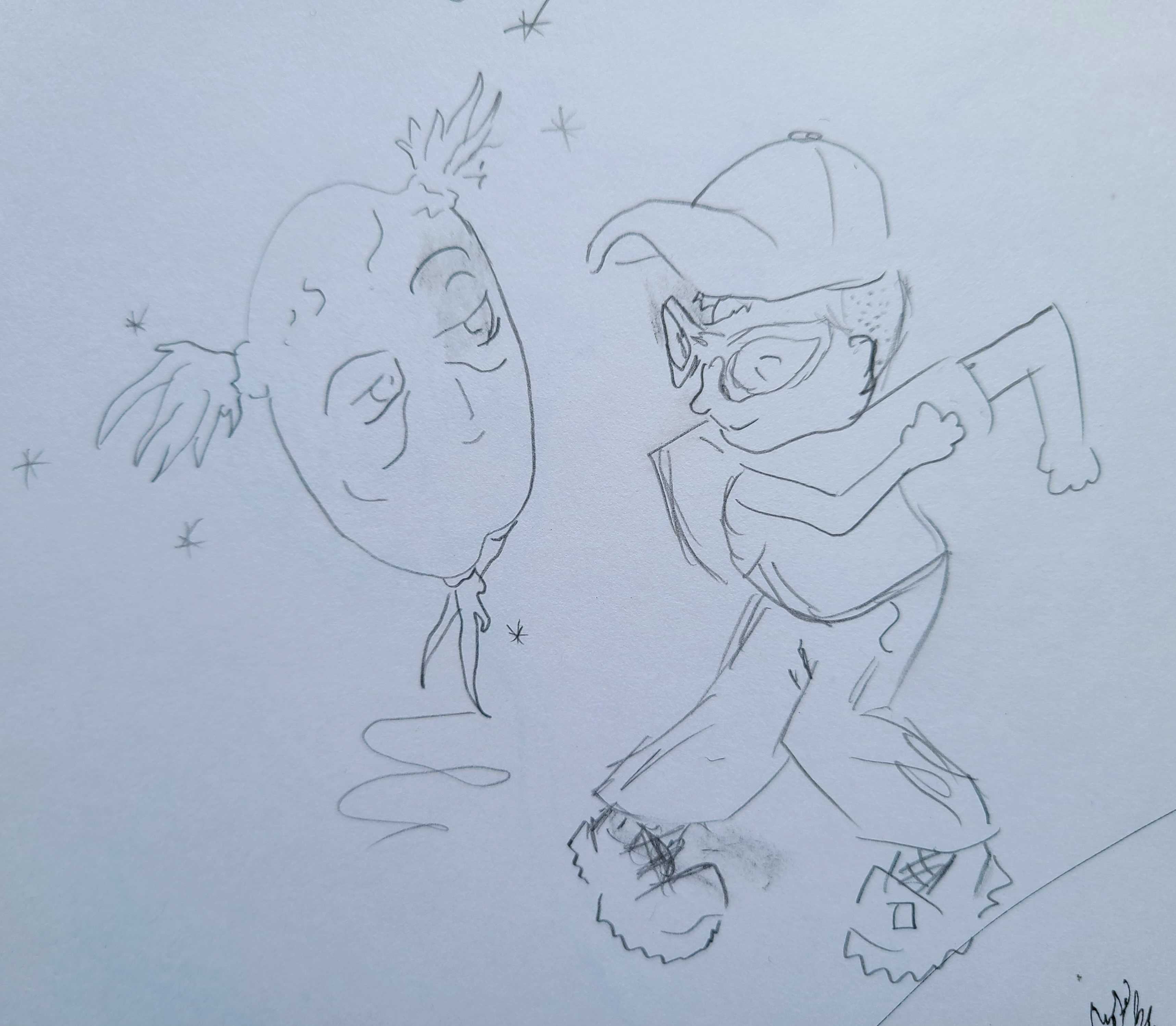 a drawing of nico dancing with a weird potato. nico is kind of swinging their arms and has their boots turned inward and is wearing a trucker hat and glasses and smiling. the potato is dancing on its green growing parts which form both legs and weird little pigtails