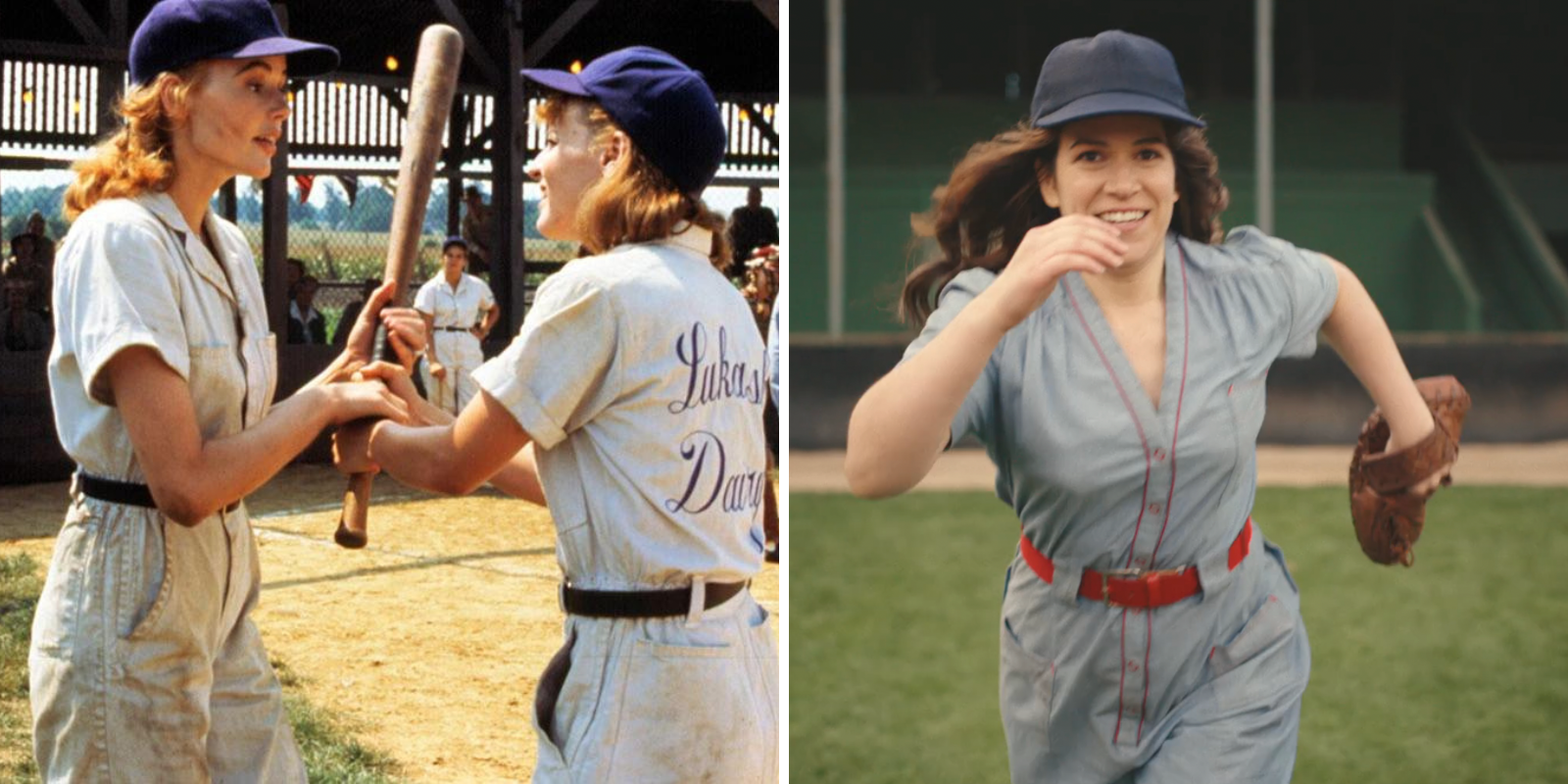 A League of Their Own movie references and Easter eggs: In 1992's film Dottie and Kit fight over a bat while wearing grey overalls and a blue hat, in the television series Abbi Jacobsin runs through a field, also in a grey overall uniform and blue hat