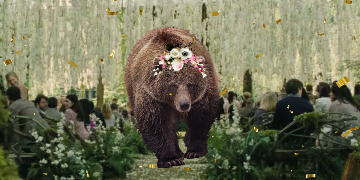 with the background of the wedding scene from Twilight, a large brown bear stalks down the aisle toward the viewer under a rain of golden confetti. the bear is wearing an elegent, bridal flower crown