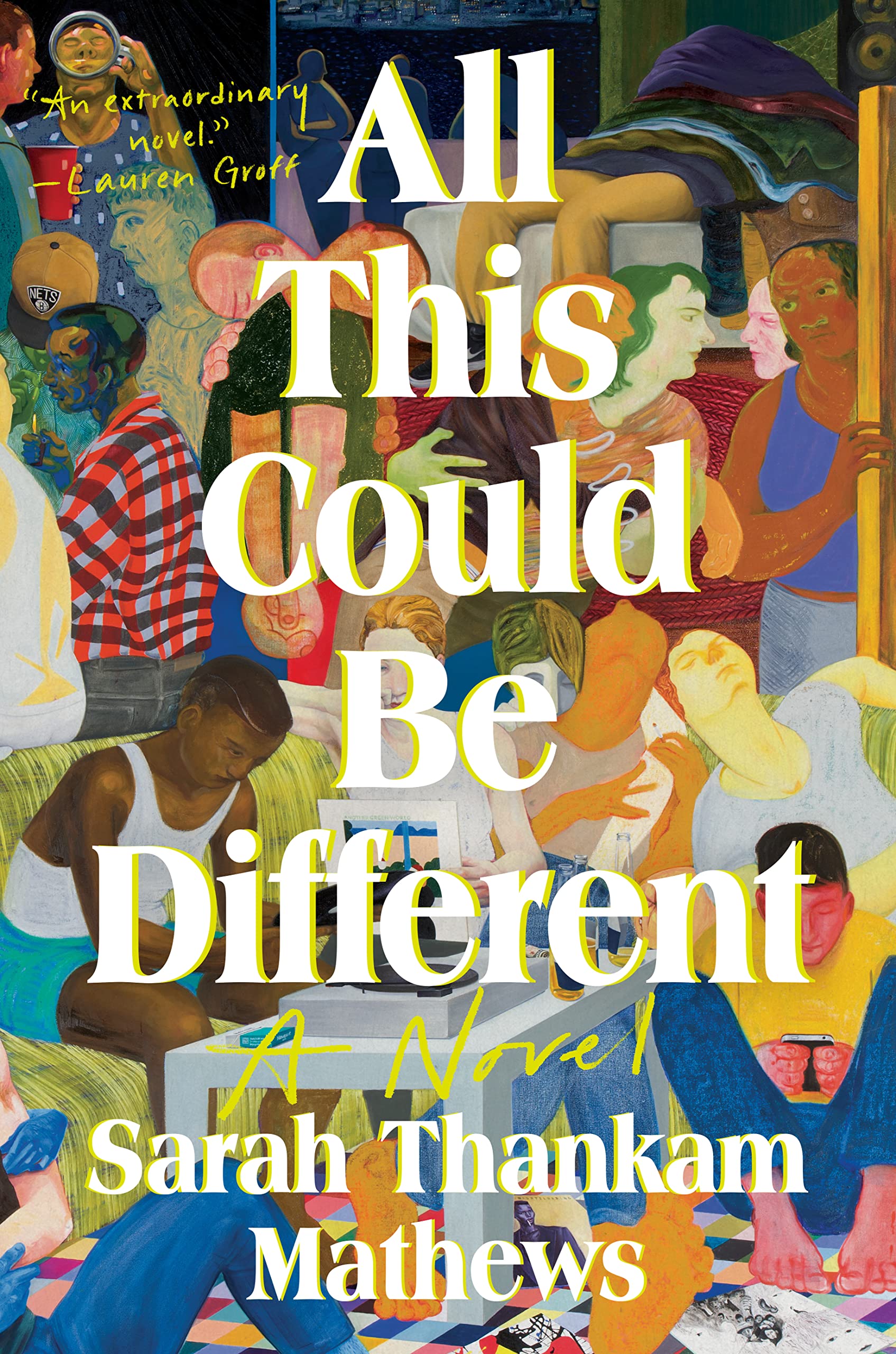 the cover of All This Could Be Different shows the text against a beautiful painting of a diverse group of people