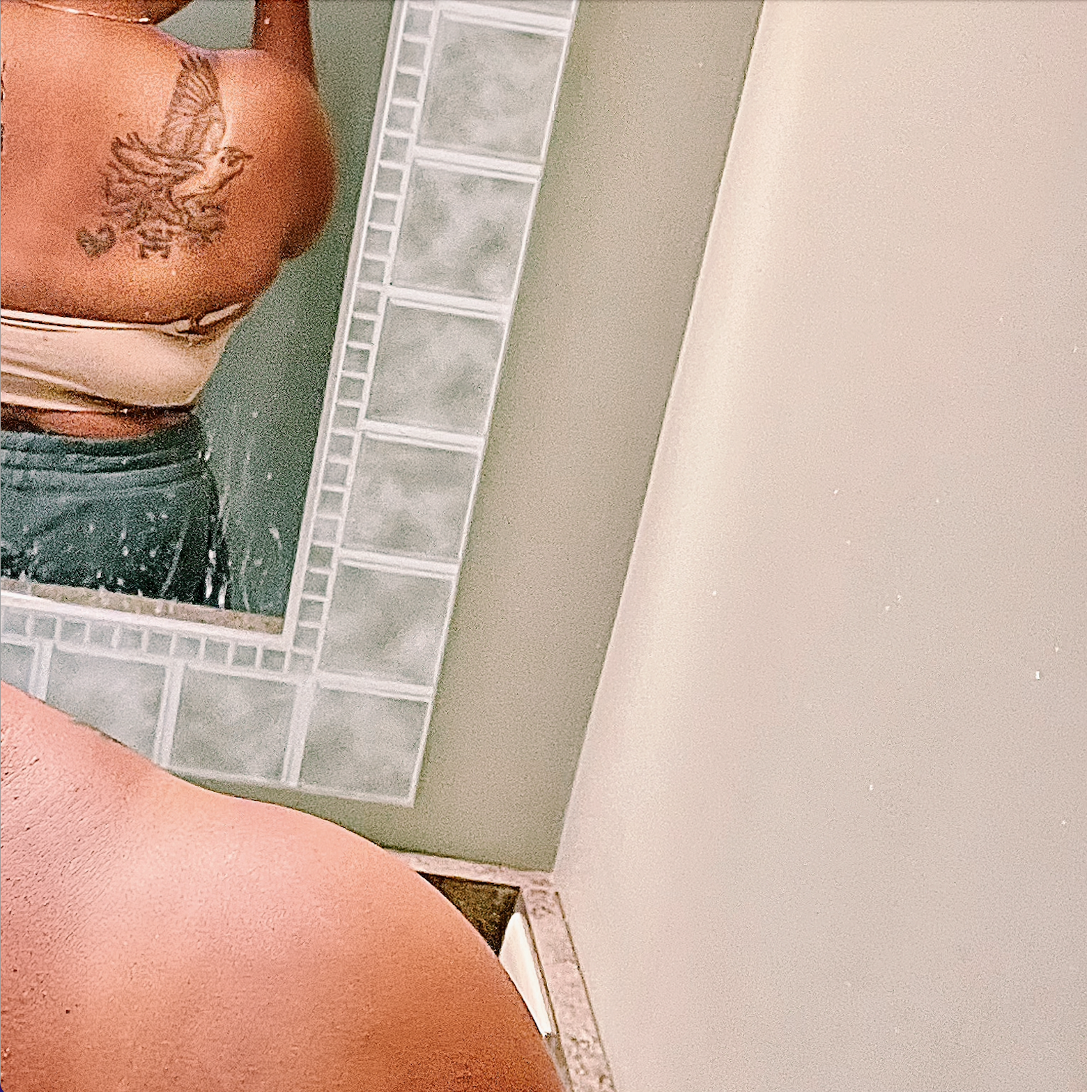 Carmen takes a backwards selfie in the mirror showing off her back shoulder tattoo of an eagle over two symbols, a sankofa and a coqui. Carmen is a Black woman.