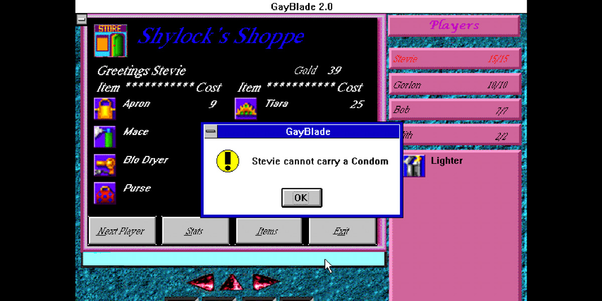 A black pixelated black screen of the video game GayBlade that says 