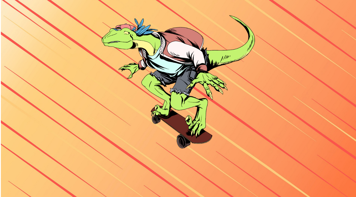 An illustrated raptor rides a skateboard against an orange background.