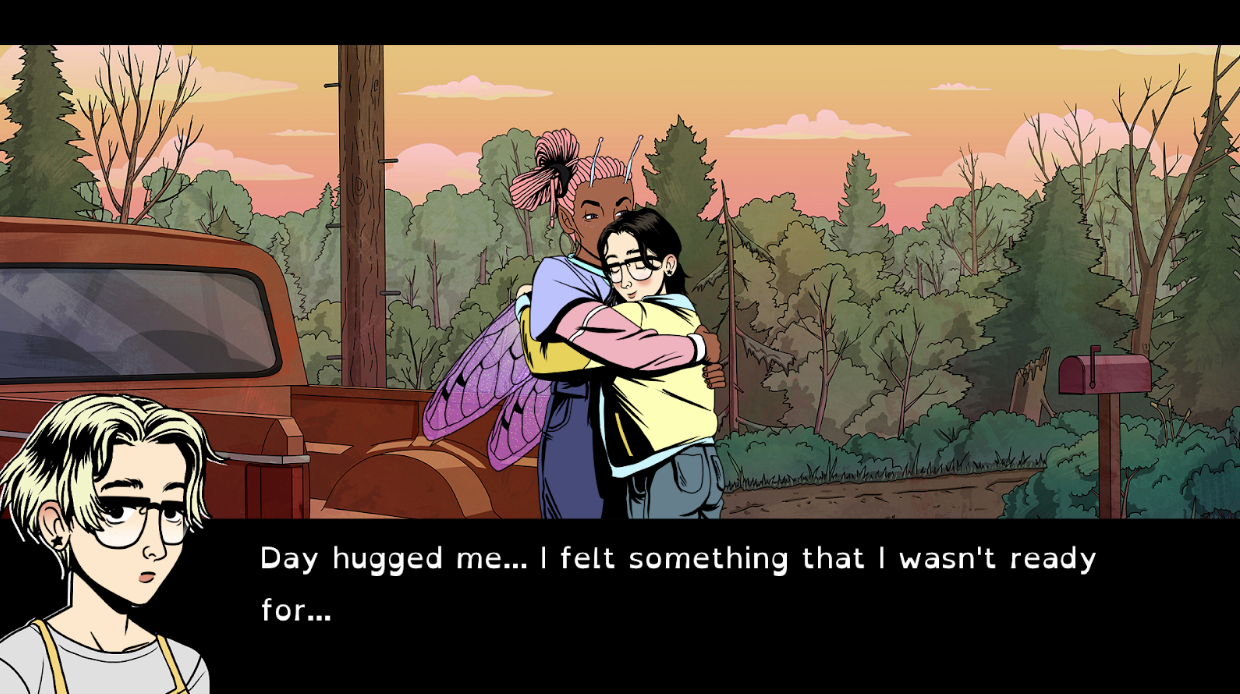 A fairy and a girl with glasses hug. The text beneath them reads: Day hugged me...I felt something that I wasn't ready for...