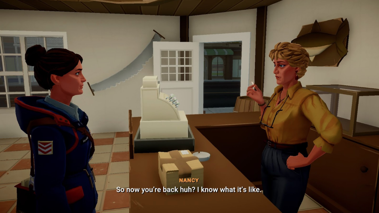 A screenshot from the video game Lake, in which a woman named Nancy says "So now you're back huh? I know what it's like." from behind a cash register to another woman.