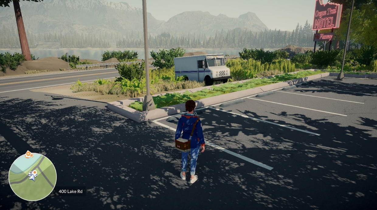 Meredith stands in a Motel parking lot in the video game Lake.