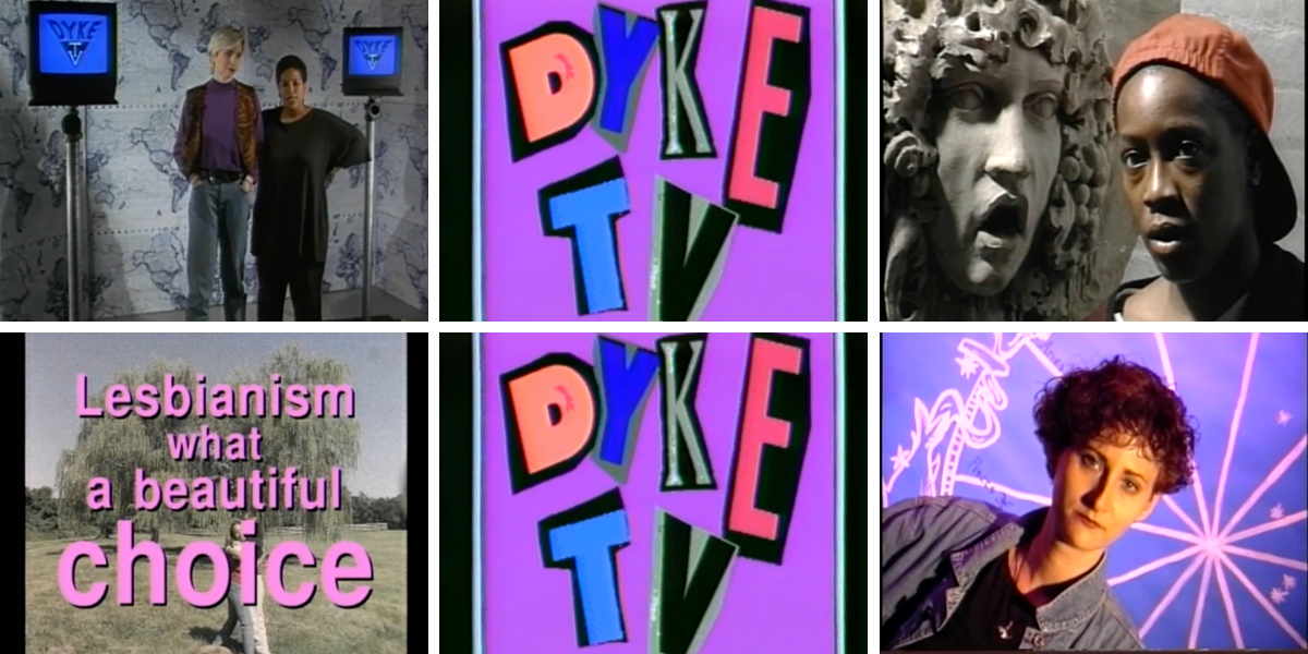 Photo 1: A white woman and a Black woman stand next to each other during the opening segment of Dyke TV with monitors behind them that say Dyke TV. Photo 2: The Dyke TV logo features magazine letters cut out spelling DYKE TV against a purple background. Photo 3: Cheryl Dunye addresses the camera. Photo 4: Pink text that reads: 