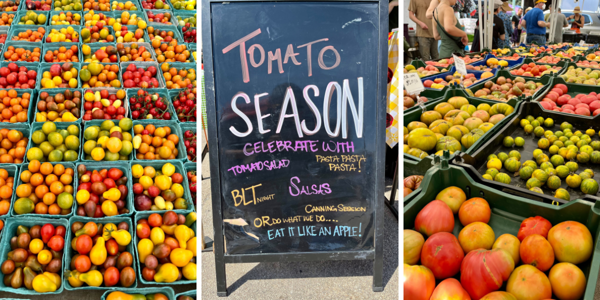 Photo 1: Multicolored cherry tomatoes at an outdoor market. Photo 2: A sign that reads 