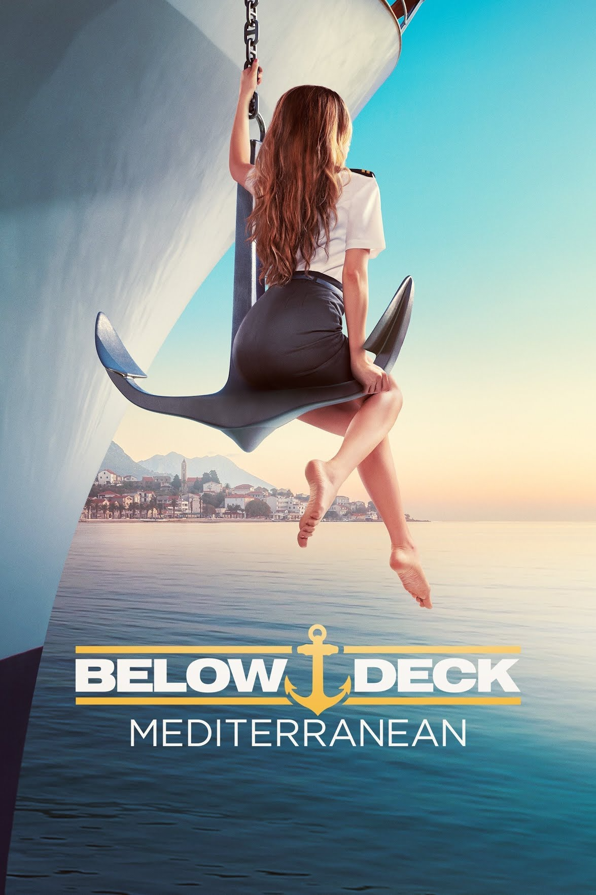 the image for below deck shows the back of a white woman sitting on an anchor as it dangles from a ship