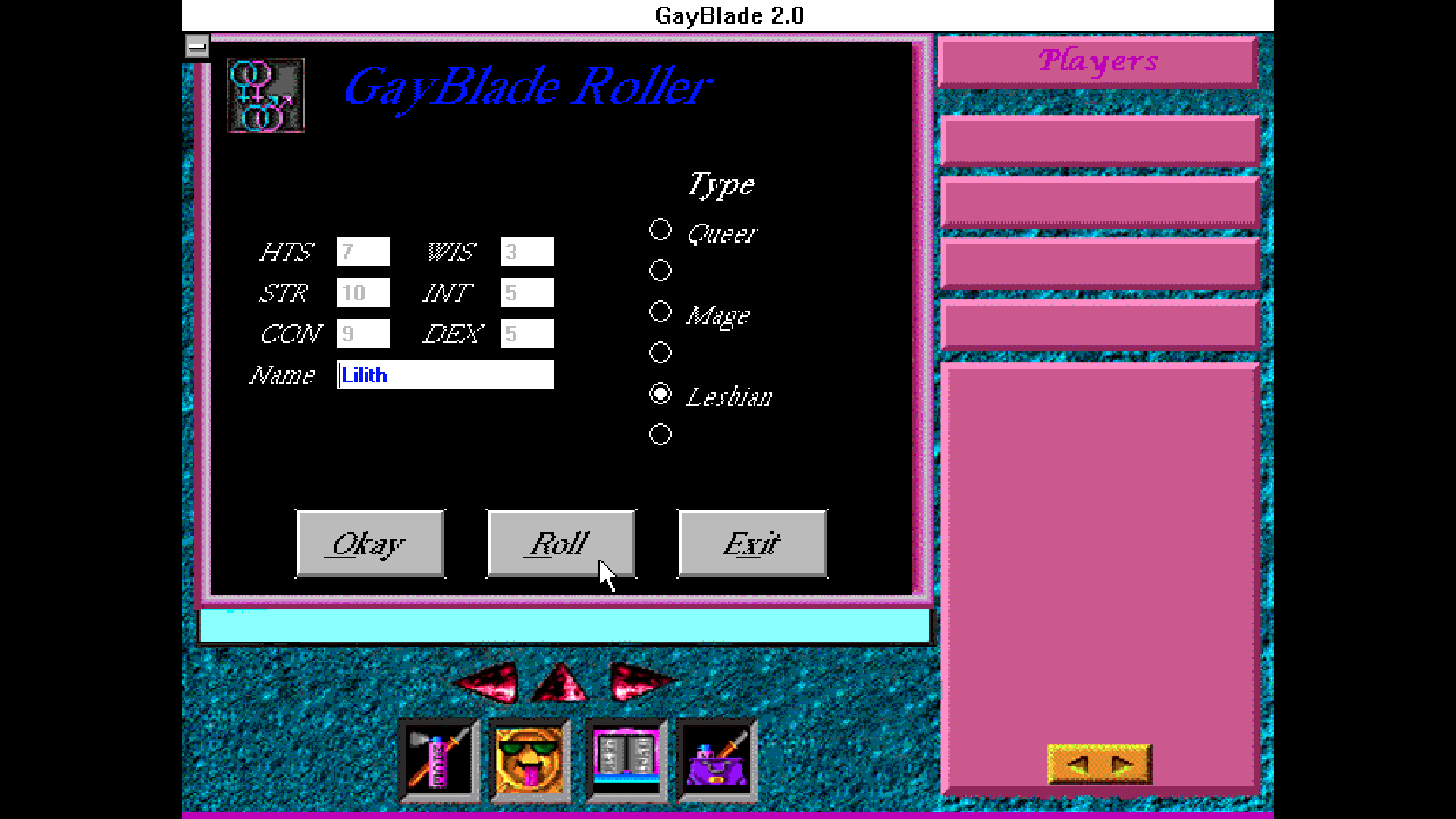 A black pixelated black screen of the video game GayBlade that has the text-based dice roller between actions, it also has colors of turquoise blue and pink.