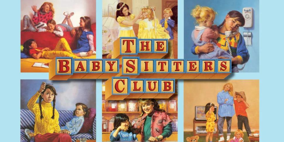 A six-way collage of various 1980s covers of Babysitters Club books are on top of a light blue background, superimposed is the original block lettering logo of 